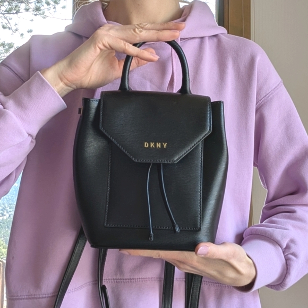 DKNY Mini Sized Leather Black Women's Backpack Bag With Gold Chain Detailing